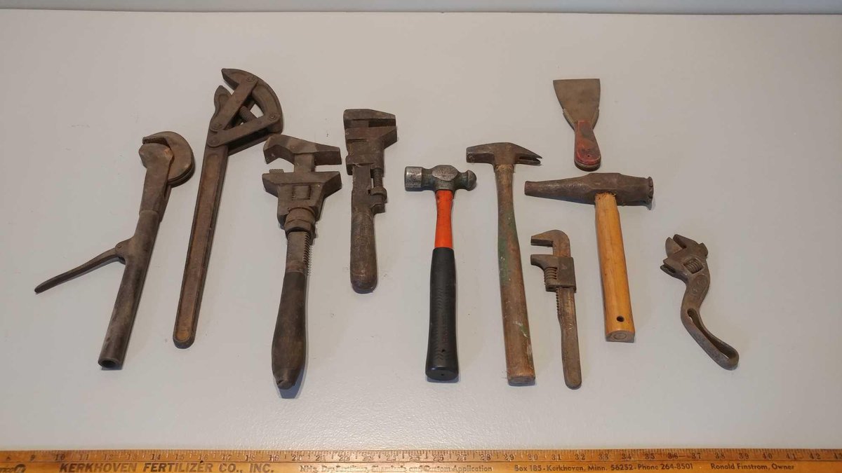 ASSORTMENT OF ANTIQUE PIPE WRENCHES and MISC TOOLS