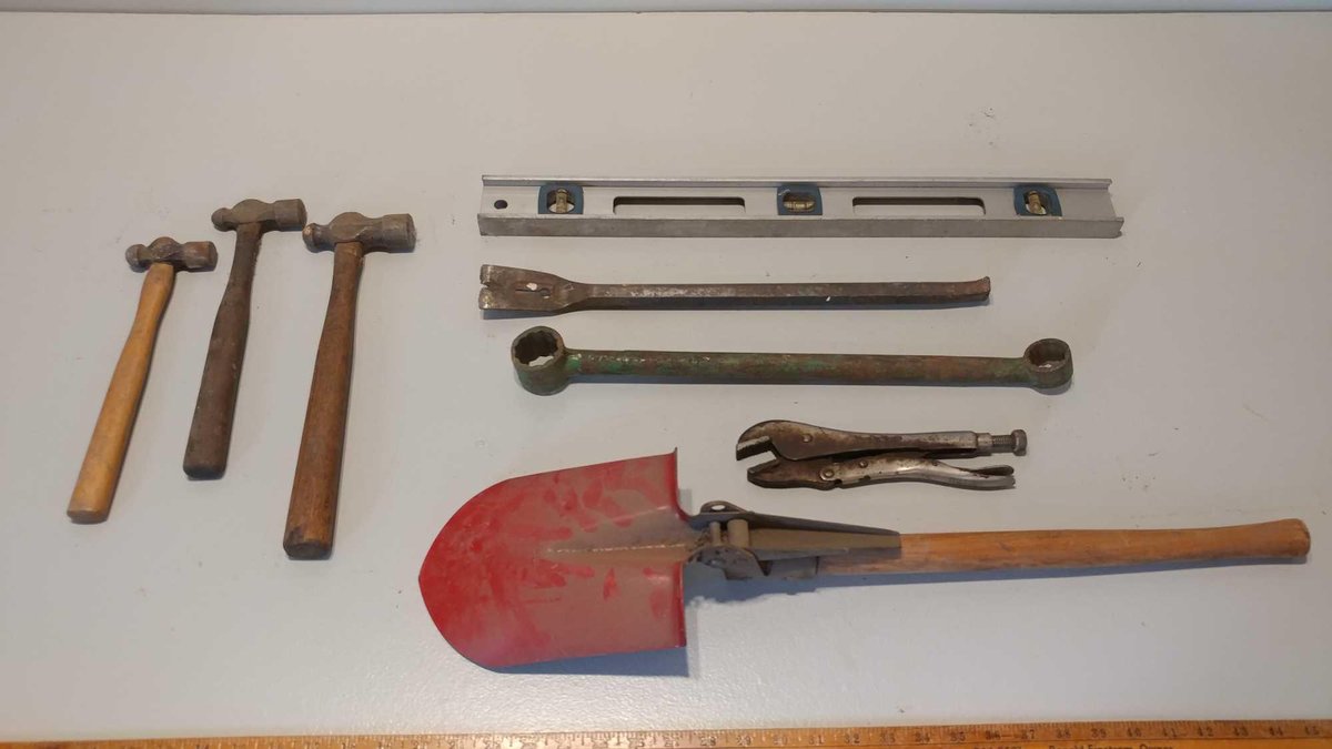 HAMMERS and VISE GRIP and SMALL SPADE and LEVEL
