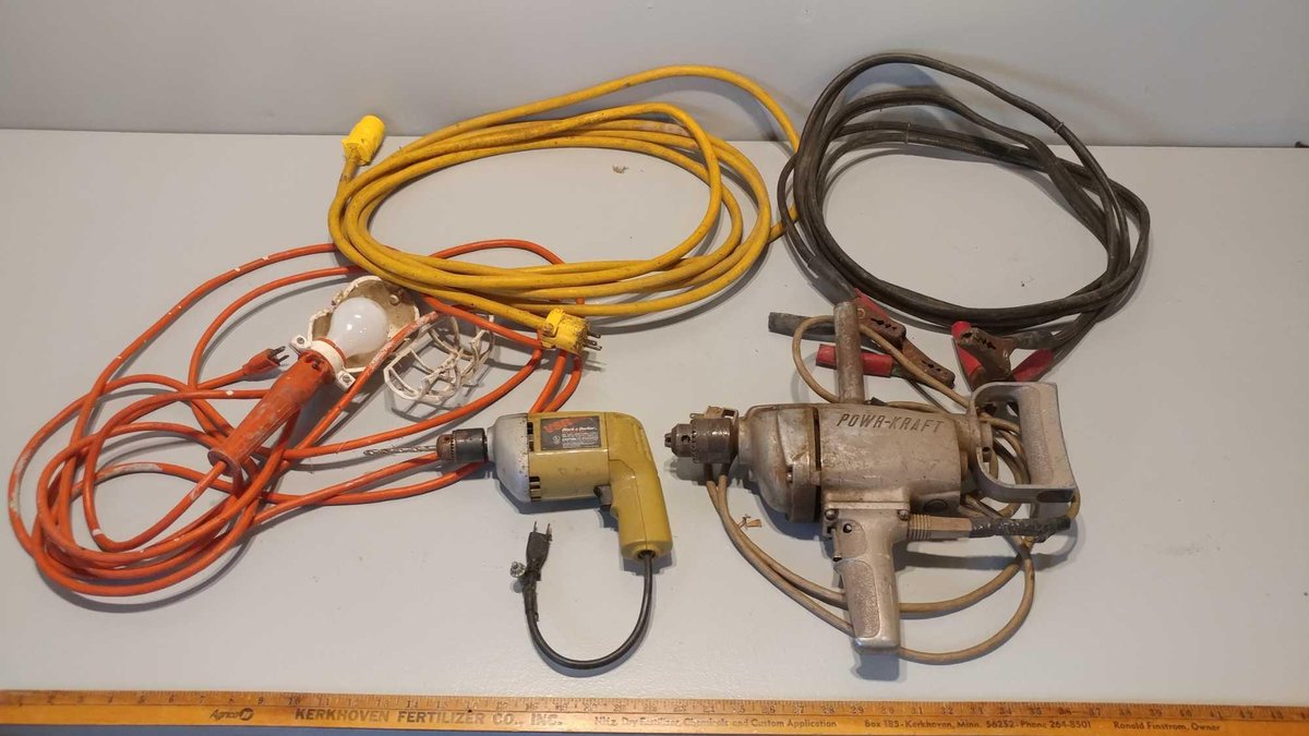 VINTAGE POWERKRAFT DRILL and BLACK & DECKER 3/8" DRILL and WORK LIGHT and JUMPER CABLES