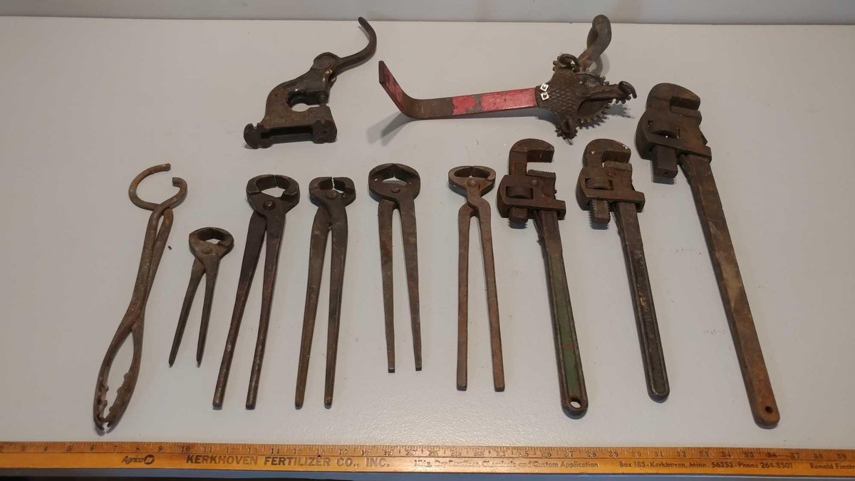 ASSORTMENT ANTIQUE PIPE WRENCHES and CRIMPERS and GROMMET PRESS