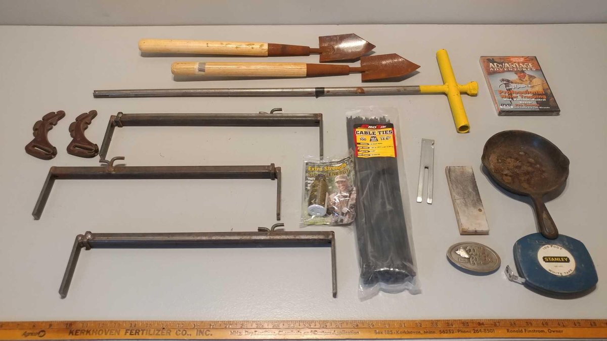 SMALL GARDEN SPADES and HOMEMADE CLAMPS and WATER VALVE SHUT-OFF and MISCELLANY