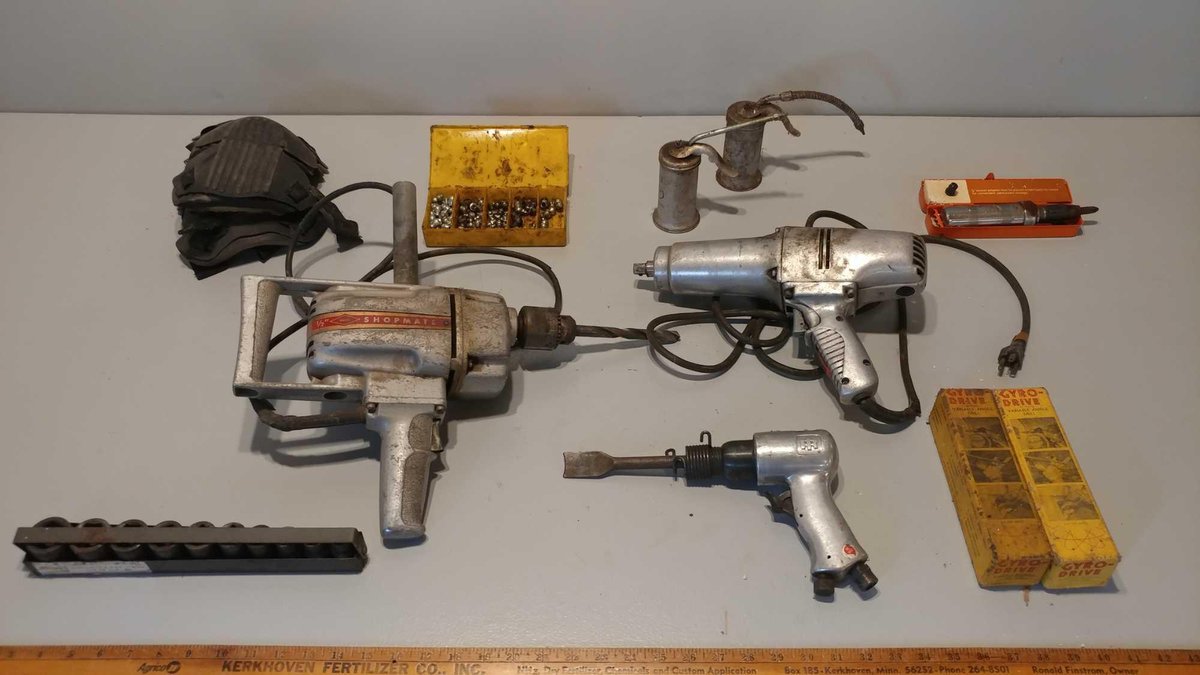 1/2" DRILL and 1/2" IMPACT DRILL and IMPACT SOCKETS and KNEE PADS and OIL CANS and GREASE CERTS