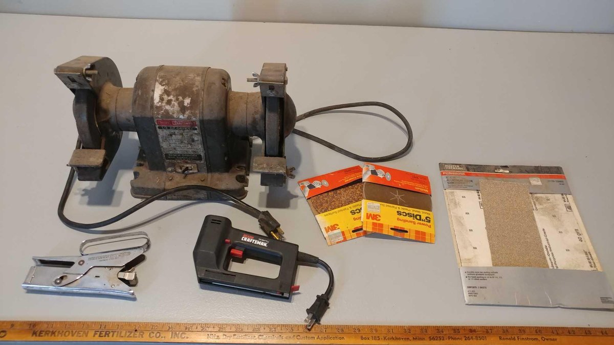 ELECTRIC BENCH GRINDER and ELECTRIC STAPLE GUN and MANUAL STAPLE GUN