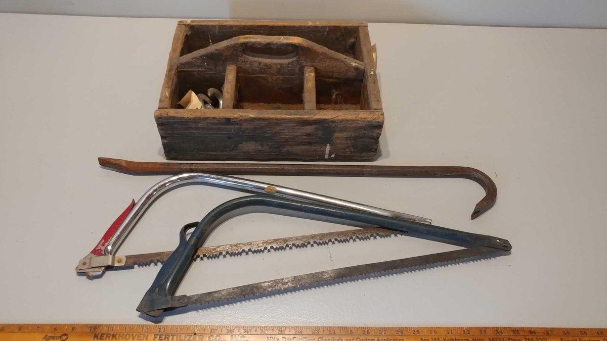 VINTAGE WOODEN TOOLBOX and PRY BAR and (2) HACKSAWS 