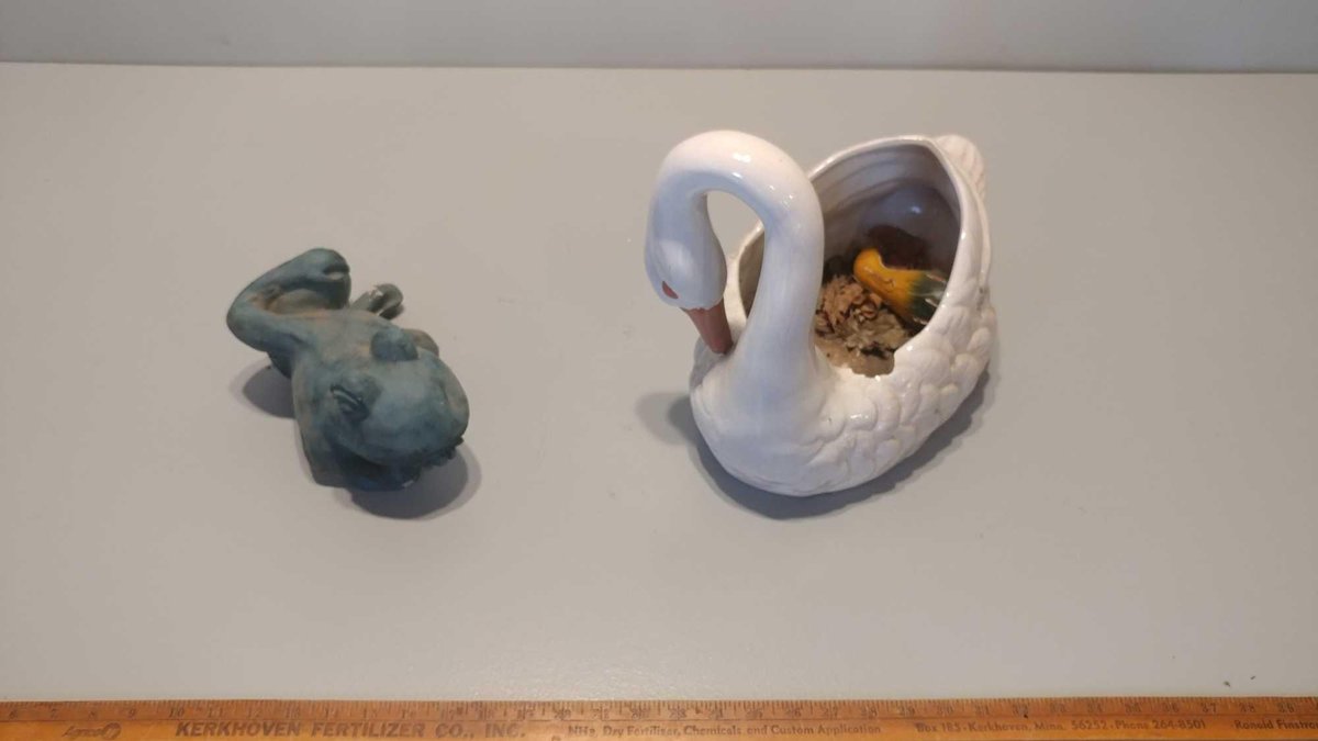 CERAMIC SLEEPING SWAN and FROG FIGURINE