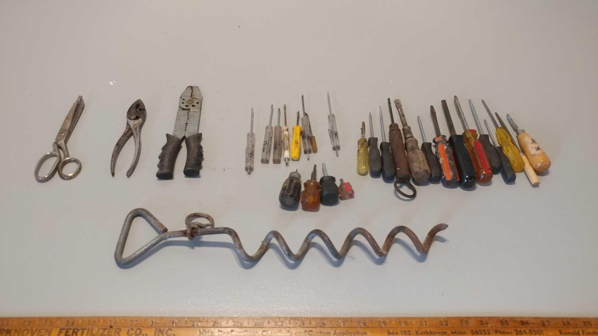 SCREWDRIVERS, WIRE STRIPPER, TIE OUT, AND MISC