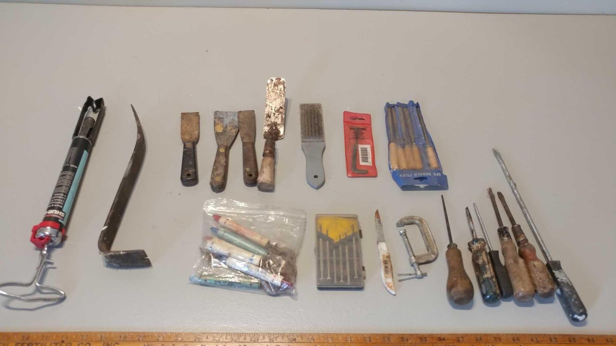 SCREWDRIVERS, WIRE BRUSH, SCRAPPERS, BRUSH & ROLLER CLEANER, NEEDLE FILES, AND MISC