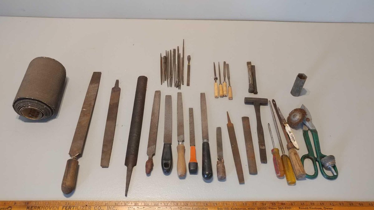 ASSORTMENT OF FILES, SCREWDRIVERS, SAND PAPER, AND MISC