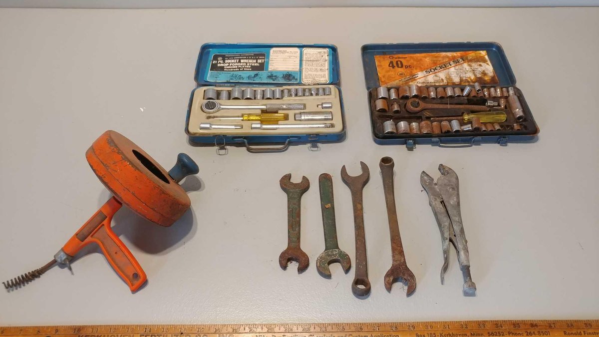 (2) SOCKET SETS, WRENCHES, VISE GRIP, AND DRAIN SNAKE