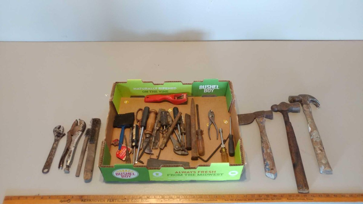 SCREWDRIVERS, HAMMERS, HATCHET, VISE GRIP, CHISELS, AND MISC