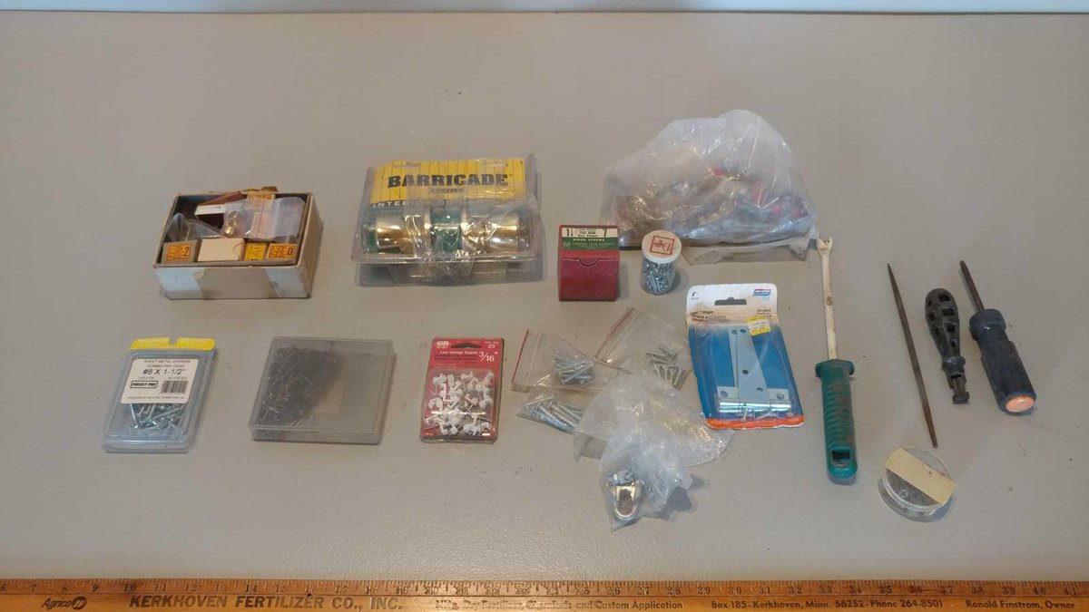 ASSORTMENT OF HOME IMPROVEMENT HARDWARE (DOOR KNOB, SCREWS, FINISHING NAILS AND MISC) 