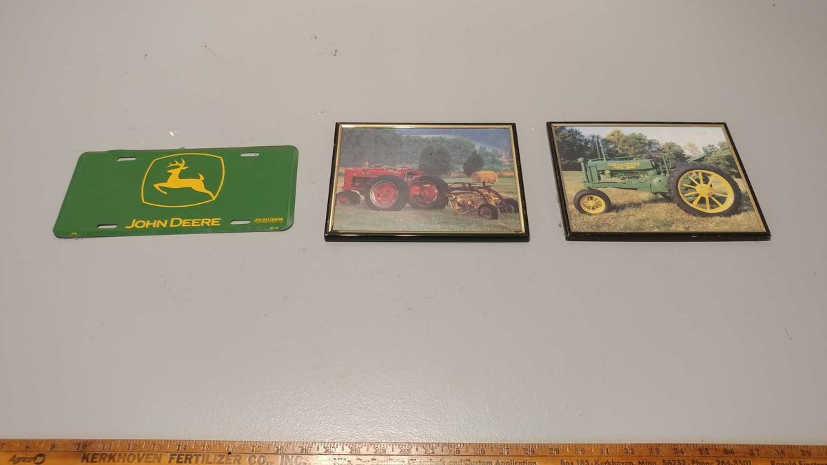 JOHN DEERE LICENSE PLATE, & (2) PICTURES OF ANTIQUE TRACTORS FRAMED