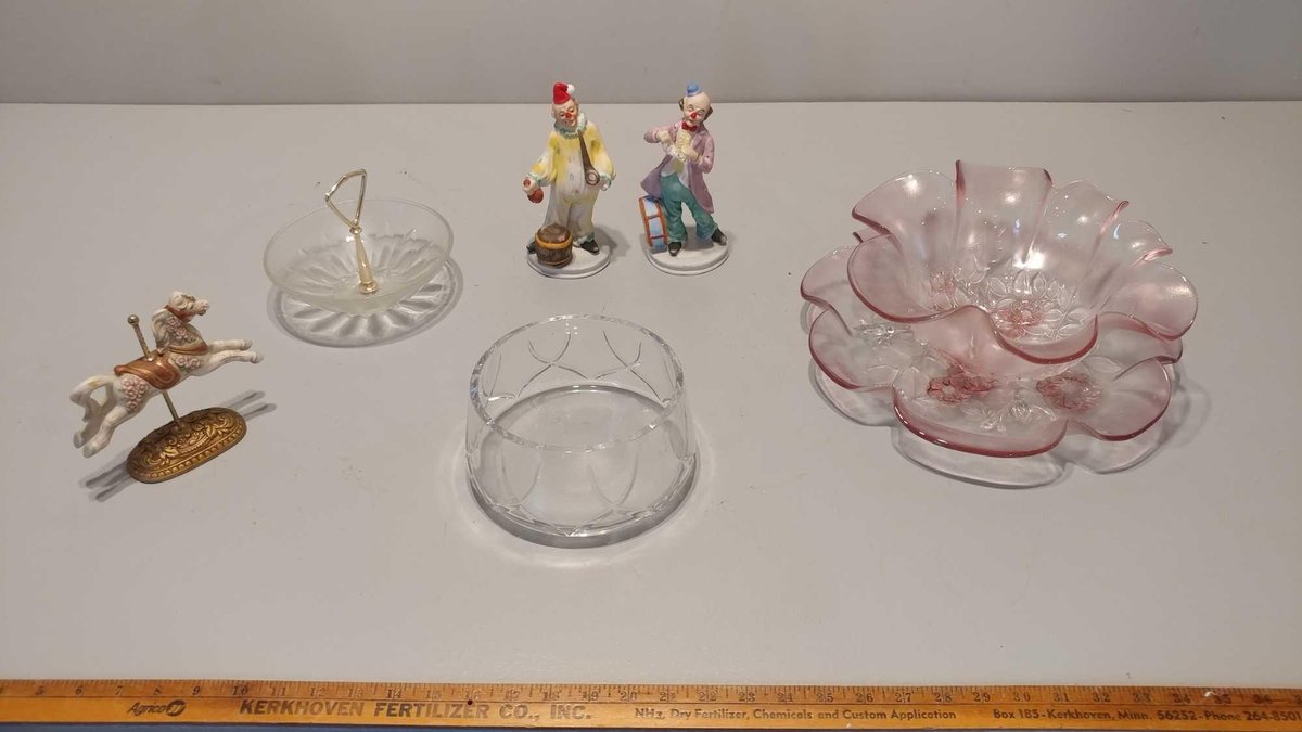 GLASS BOWLS & TRAY, CANDY DISH, MISC FIGURINES