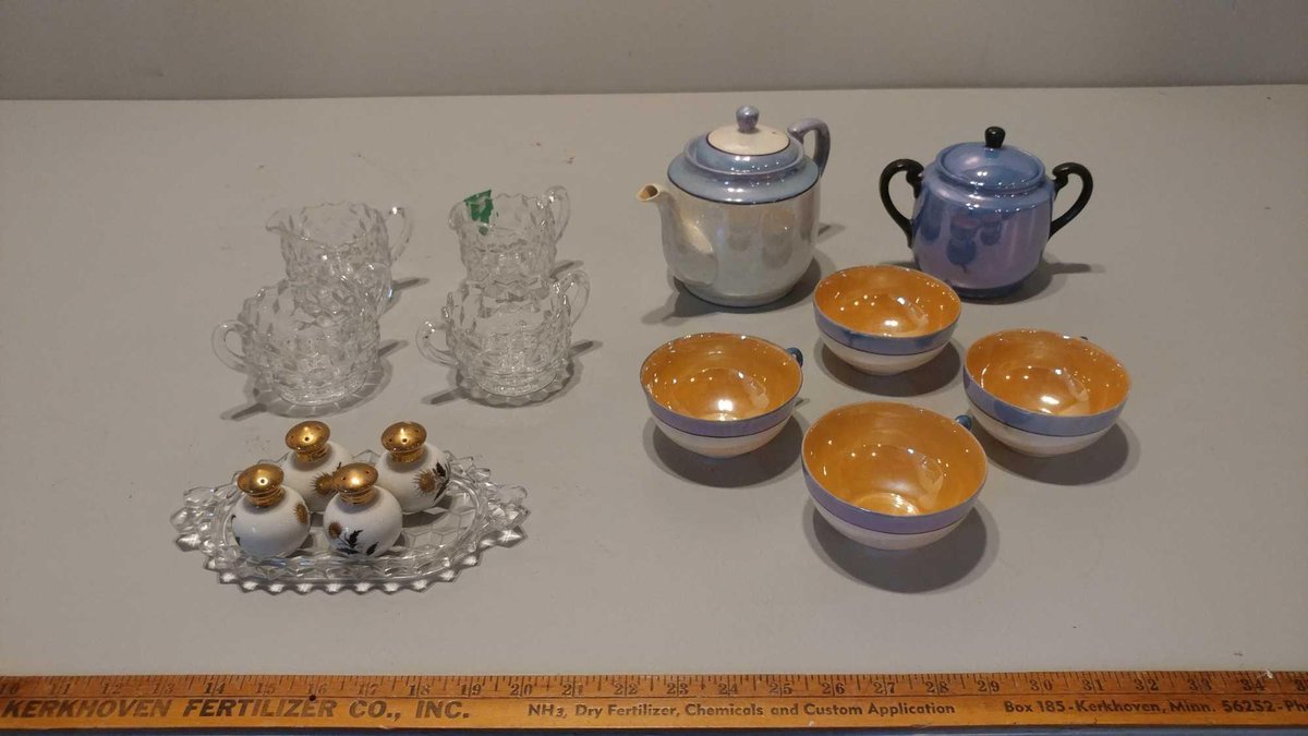 TEA POT & (4) CUPS, W SUGAR DISH, (2) FOSTORIA  CREAM & SUGAR SETS, GLASS BUTTER DISH & (2) SALT & P