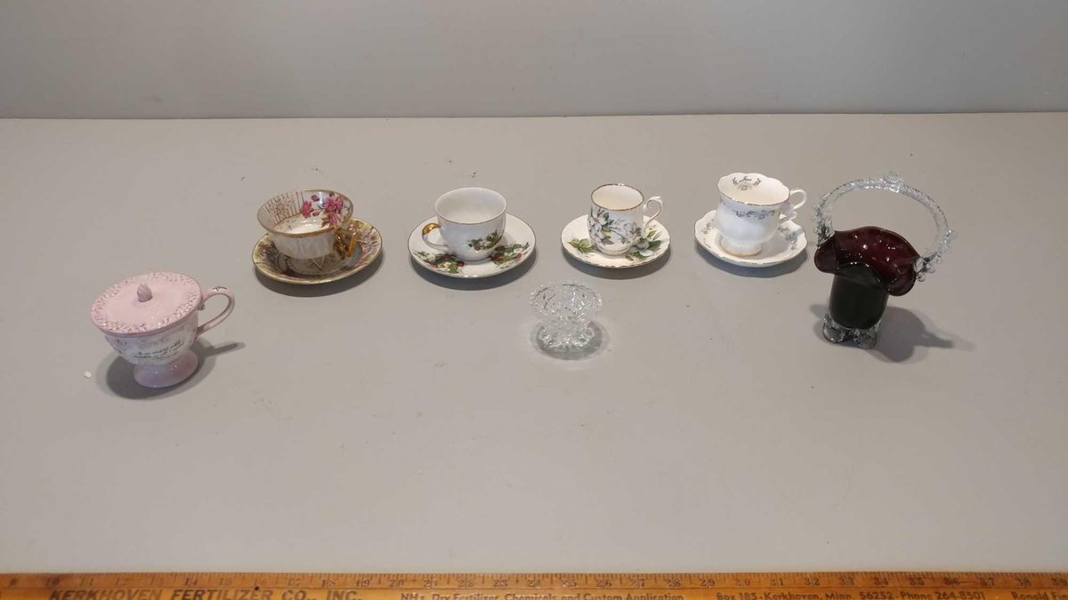 ASSORTMENT OF CUP & SAUCER SETS, GLASS BASKET & TOOTH PICK HOLDER