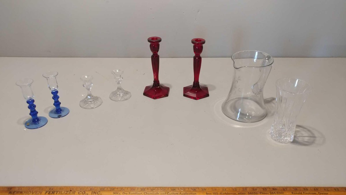 (3) GLASS CANDLE HOLDER SETS, GLASS PITCHER, & GLASS VASE