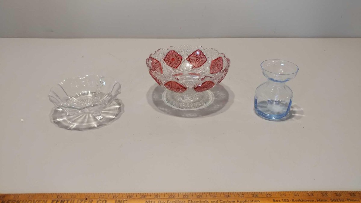 IMPERIAL HAND PAINTED GLASS BOWL, GLASS CANDY DISH, & BLUE GLASS VASE