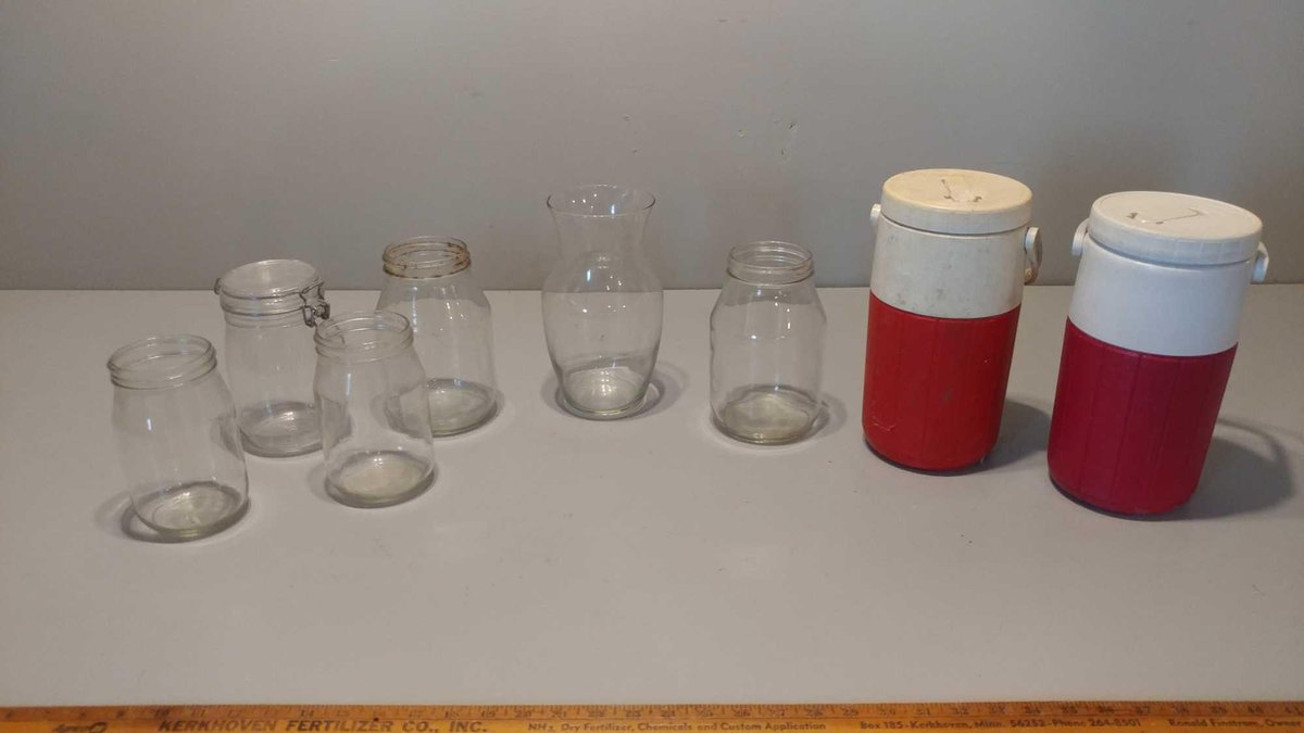 (2) COLEMAN WATER CONTAINERS, GLASS VASE, & MISC CANNING JARS