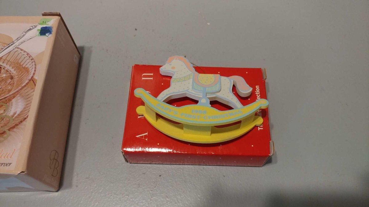 PEACH BALLAD CRANBERRY TRAY W SERVER & SAUCE/DRESSING SET W SERVER, & AVON ROCKING HORSE ORNAMENT