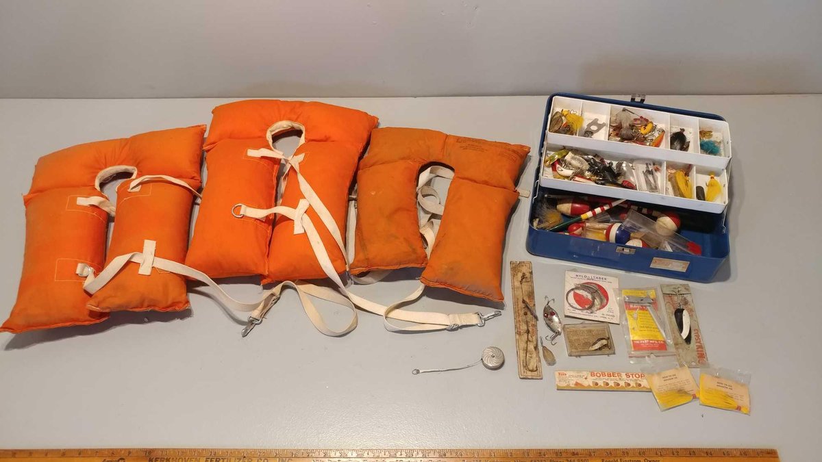 (3) LIFE JACKETS & FISHING TACKLE BOX FULL OF TACKLE