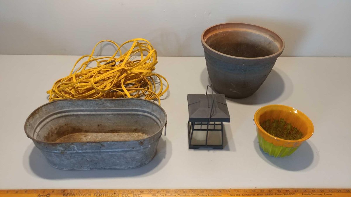 DECORATIVE TIN CONTAINER, POTS FOR PLANTS OUTSIDE, YELLOW LONG EXT CORD, & LITE