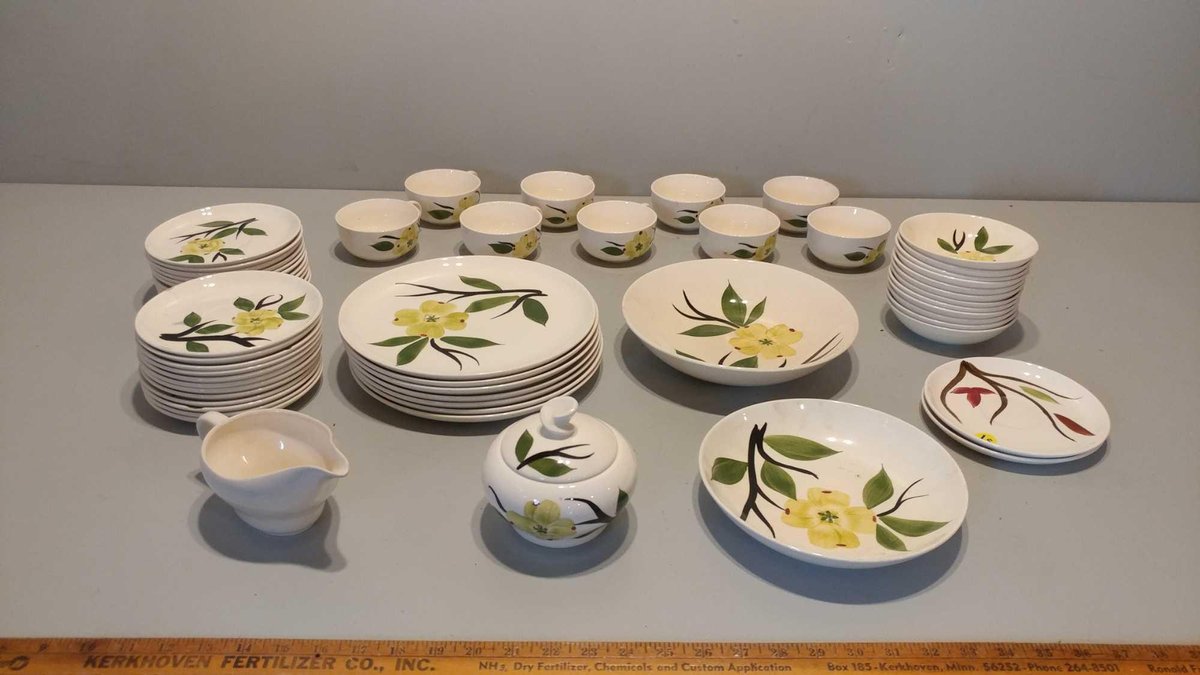 DIXIE DOGWOOD JONI HAND PAINTED PLATES, CUPS, SERVING DISHES SET
