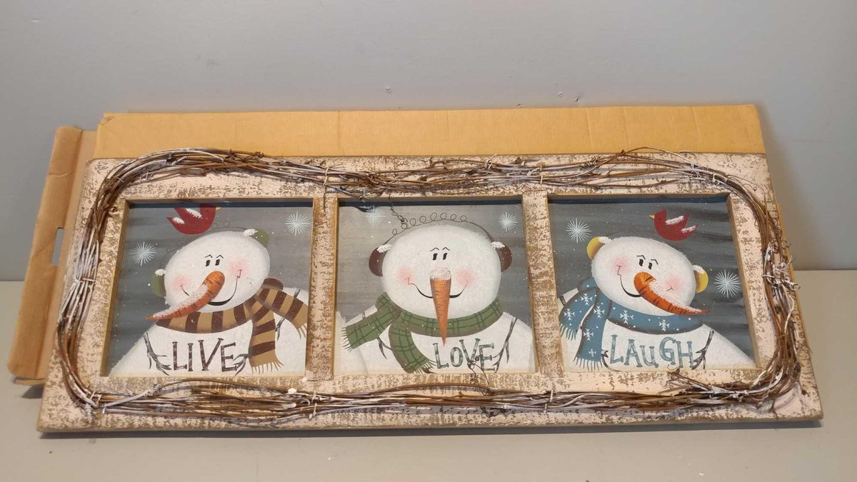 LIVE, LAUGH, LOVE SNOWMAN WOODEN WALL HANGING