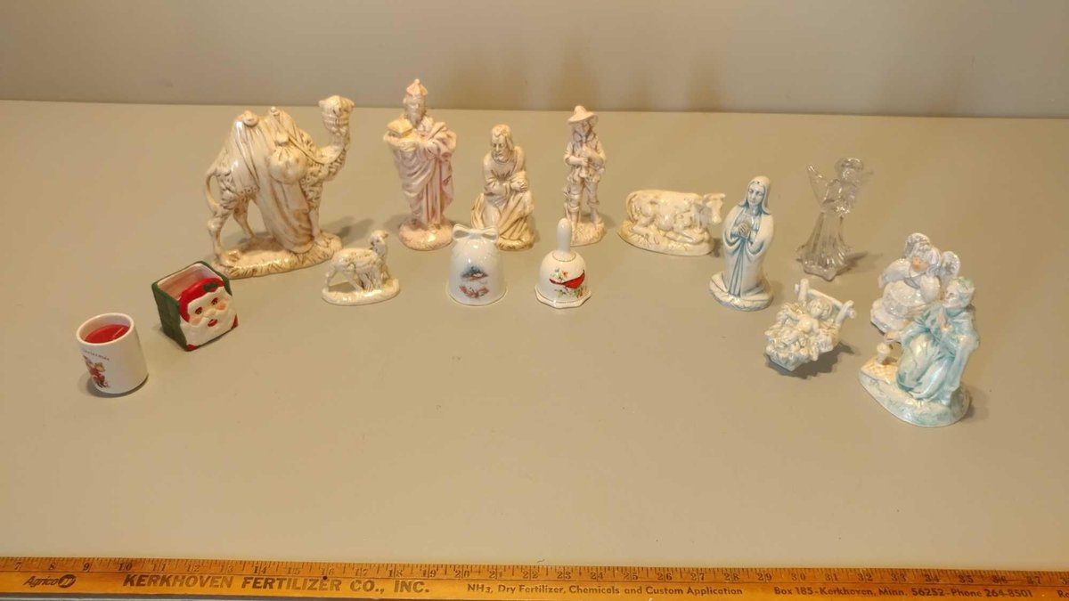 CERAMIC NATIVITY SET, ASSORTMENT OF CHRISTMAS BELLS, ANGELS, & OTHER