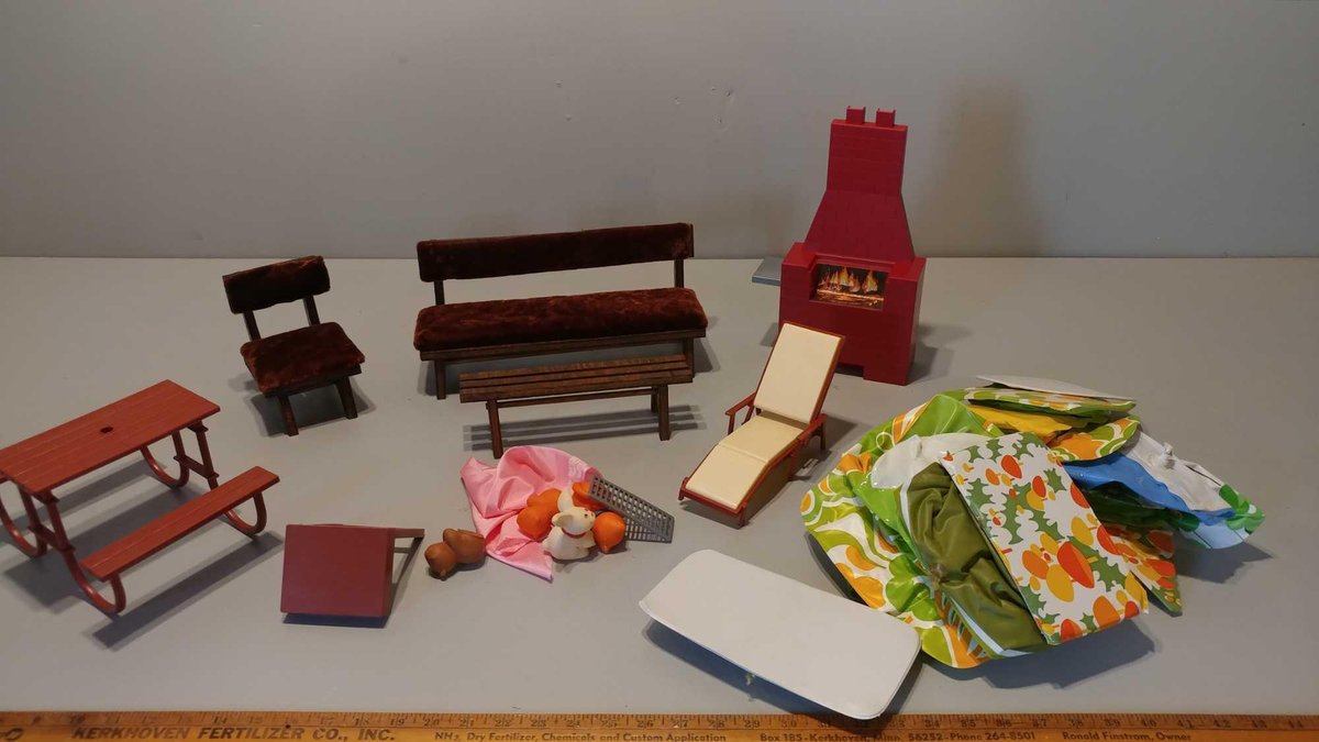 DOLL HOUSE FURNITURE, FIREPLACE, BLOW UP FURNITURE, & OTHER