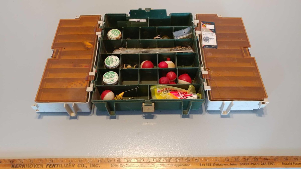 PLANO 767 FISHING TACKLE BOX, FULL OF TACKLE, DARE DEVILS, HOOKS, WEIGHTS, VARIETY OF OTHER TACKLE