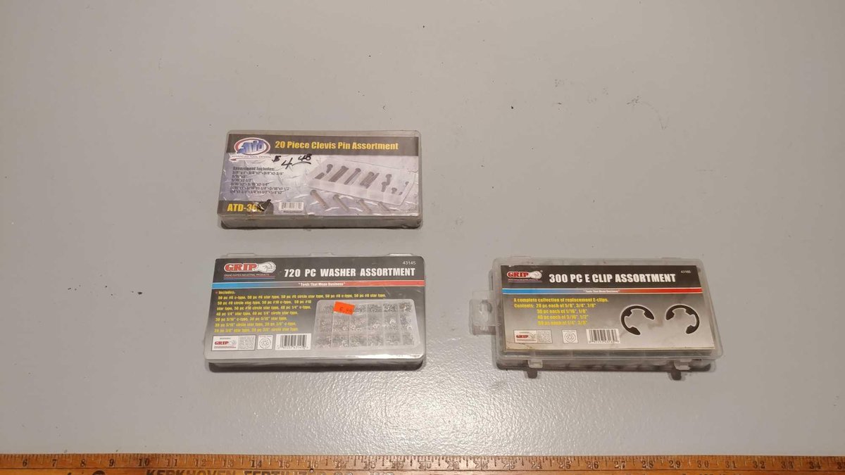 (3)PLASTIC CASES WITH CLEVIS PINS,E CLIPS,WASHER ASSORTMENT