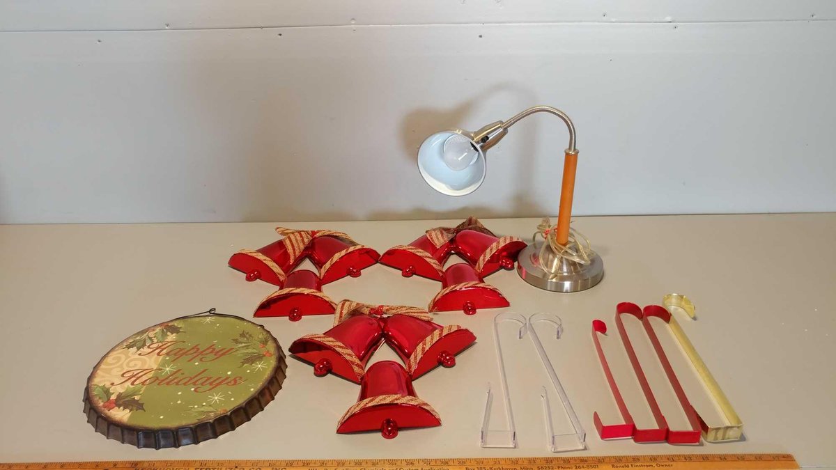 DESK LAMP, METAL HAPPY HOLIDAYS SIGN, (3) DECORATIVE BELLS, & WREATH HANGERS