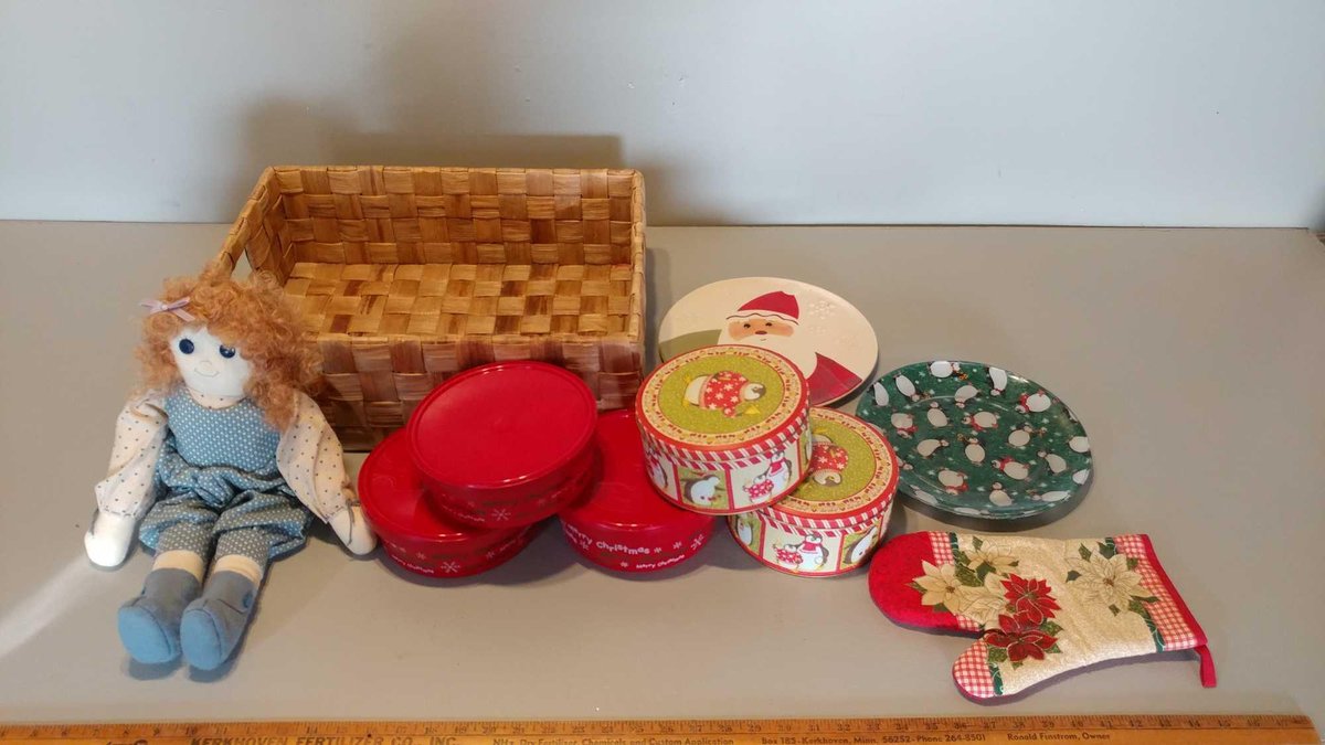 CHRISTMAS COOKIE CONTAINERS, PLATES, POT HOLDER, HOMEMADE DECORATIVE DOLL, & WEAVED DECORATIVE BASKE