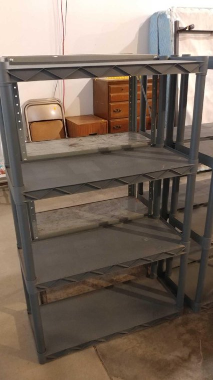 (1) POLY SHELF (34W X 65H X 14D) AND (1) METAL SHELF (30W X 57H X 12D)