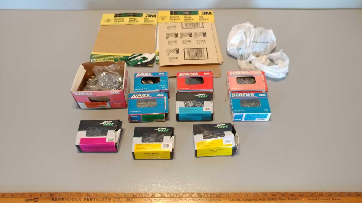 LARGE ASSORTMENT OF SCREWS & NAILS, SAND PAPER, AND ASSORTMENT OF MISC HARDWARE