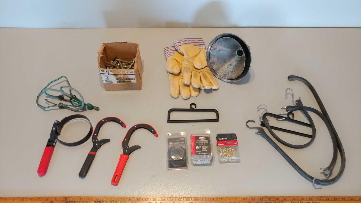 BUNGEE CORDS, WHEEL BEARING KIT, GLOVES, OIL FILTER WRENCHES, AND MISC