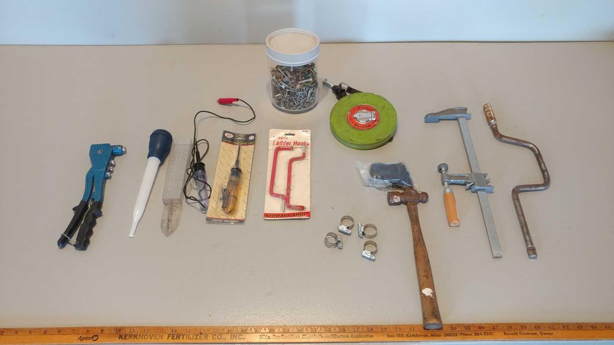 ASSORTMENT OF SCREWS, TAPE MEASURE, CIRCUIT TESTERS, AND MISC