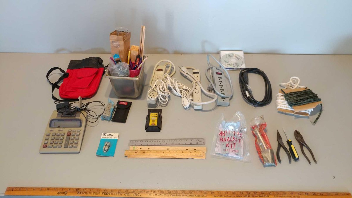 POWER STRIPS, CASIO PRINTING CALCULATOR, EXTENSION CORD, ROPE, AND MISC