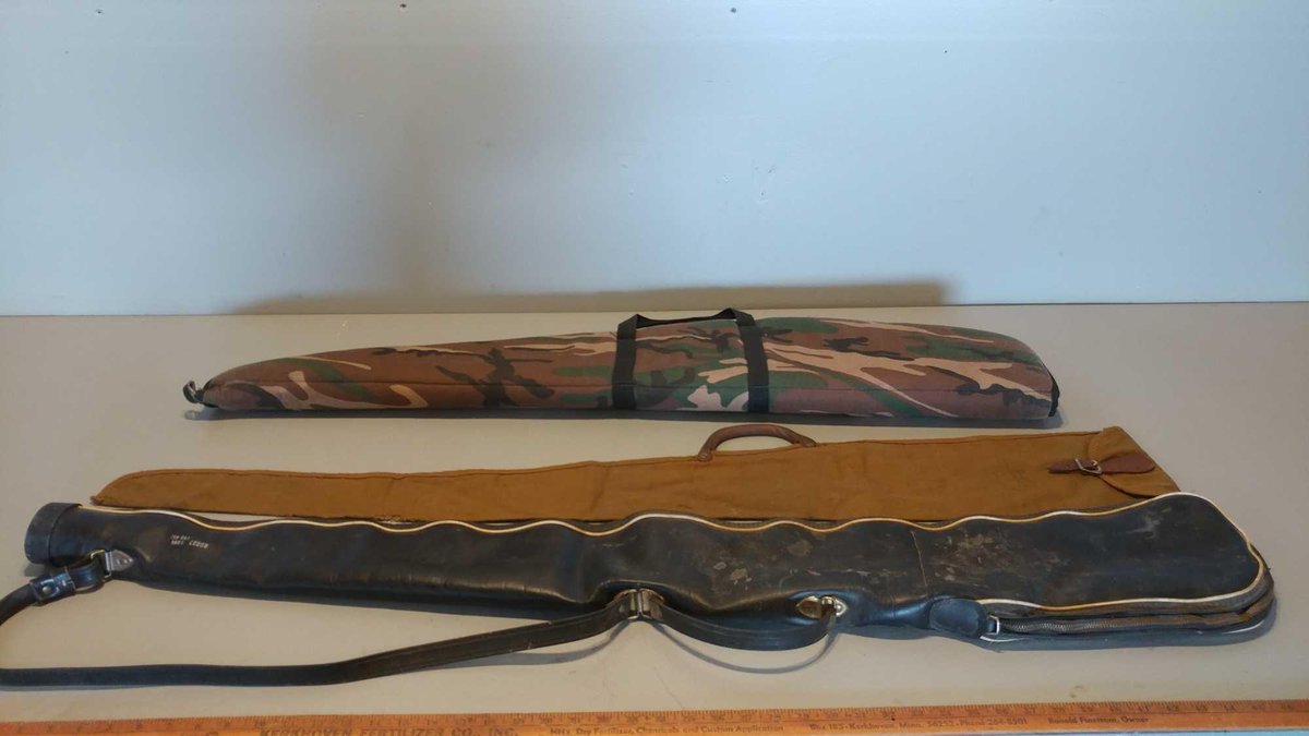 (I-9) LEATHER GUN CASE FOR LONG 46-48, CLOTH GUN CASE, & CAMO GUN CASE, (ITEMS AT ZIELSDORF AUCTIONS