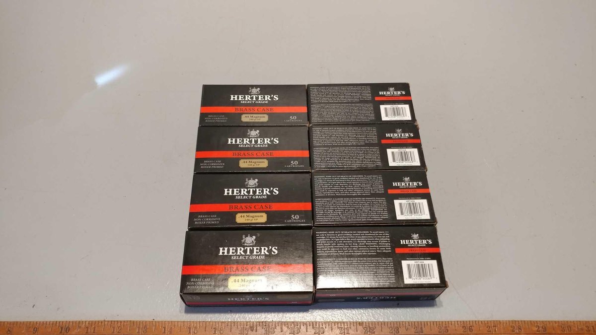 (I-230) (7 BOXES) HERTERS .44 MAGNUM,  50 BRASS CASE 240 GR SOFT POINT CARTRIDGES & (1) PARTIAL BOX 