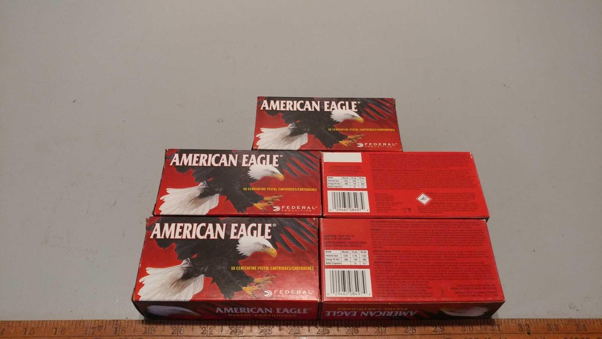(I-233) .44 MAGNUM (4 BOXES) AMERICAN EAGLE - 50 BRASS 240 GR JACKETED HOLLOW POINT CARTRIDGES, & PA