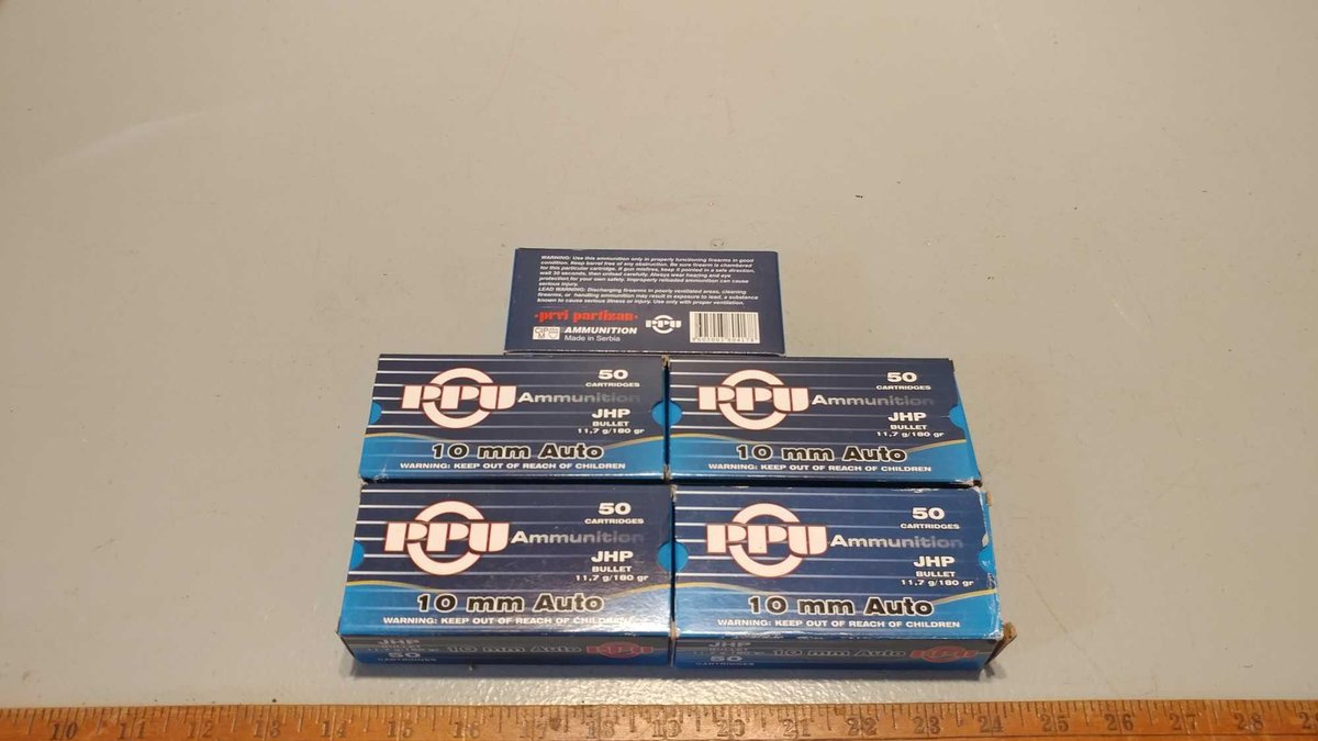 (I-229) (4 BOXES) 10 MM PPU - 50 BRASS 180 GR JACKETED HOLLOW POINT PISTOL CARTRIDGES & (1) PARTIAL 