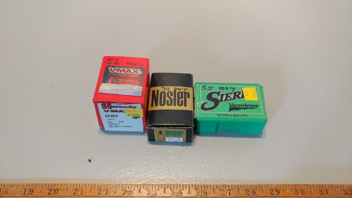 (I-37) .243 BULLETS-55-60-GR. HP 74-70GN, 56-58 GN. V. MAX ALL MOLY COATED (ITEM AT ZIELSDORF AUCTIO