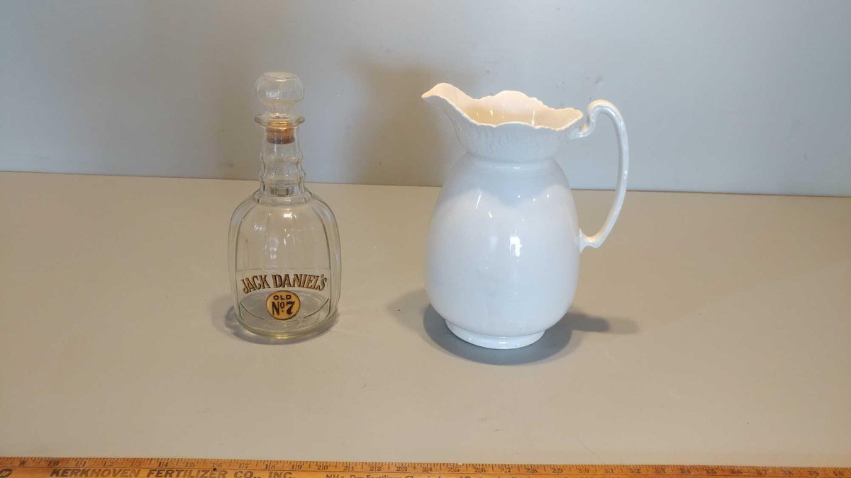ANTIQUE LARGE WHITE PITCHER & JACK DANIELS NO #7 BOTTLE