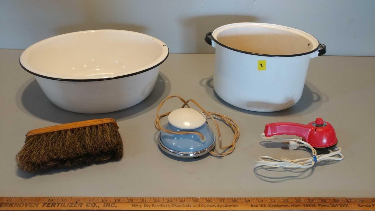 PORCELAIN ENAMEL POT & PORCELAIN ENAMEL WASH BASIN, & (2) NECK & BACK MASSAGERS