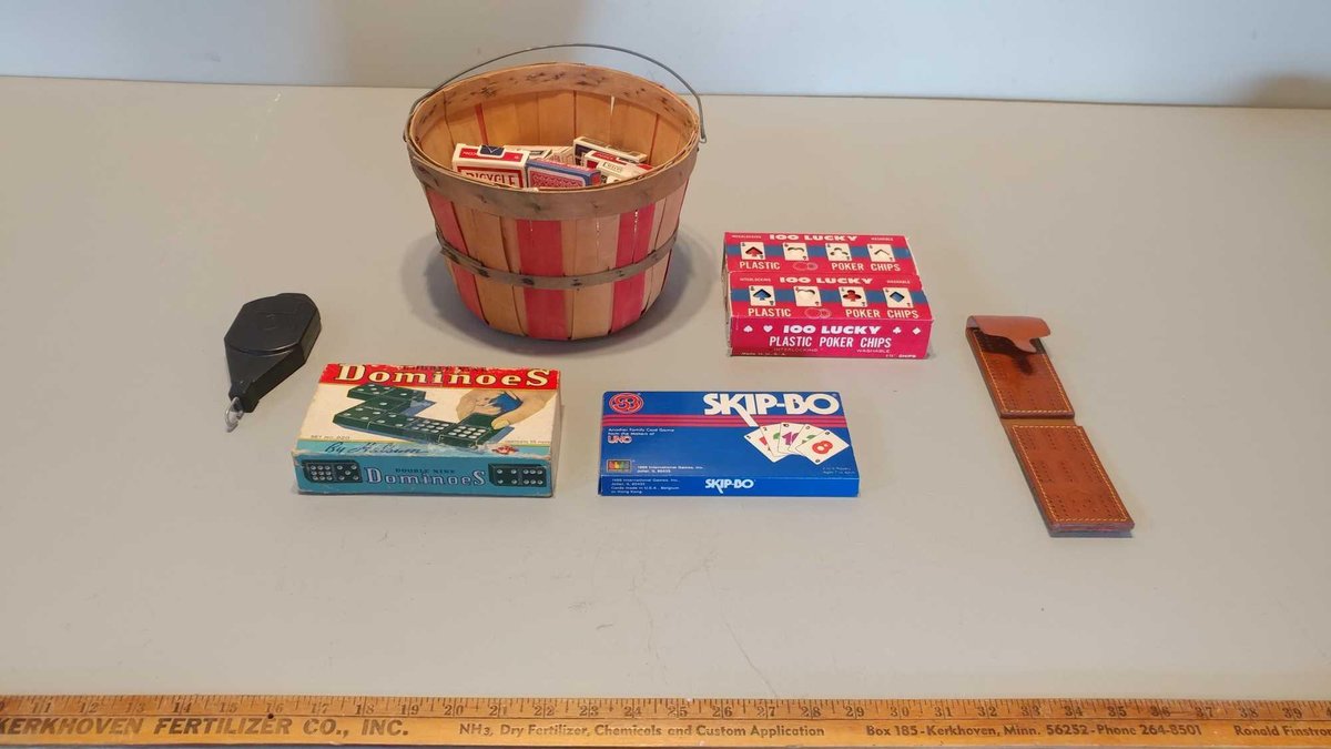 ASSORTMENT OF PLAYING CARDS, POKER CHIPS, DOMINOES, A SKIP-BO GAMES, TRAVEL CRIBBAGE GAME & OTHER