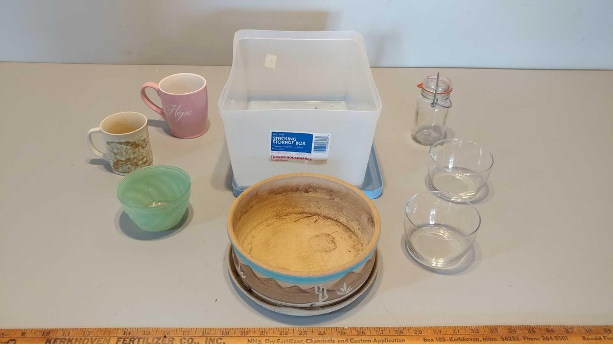 SMALL GLASS JAR W/GLASS LID, ASSORTMENT OF CUPS & DISHES, POT FOR FLOWERS, & STACKING STORAGE CONTAI