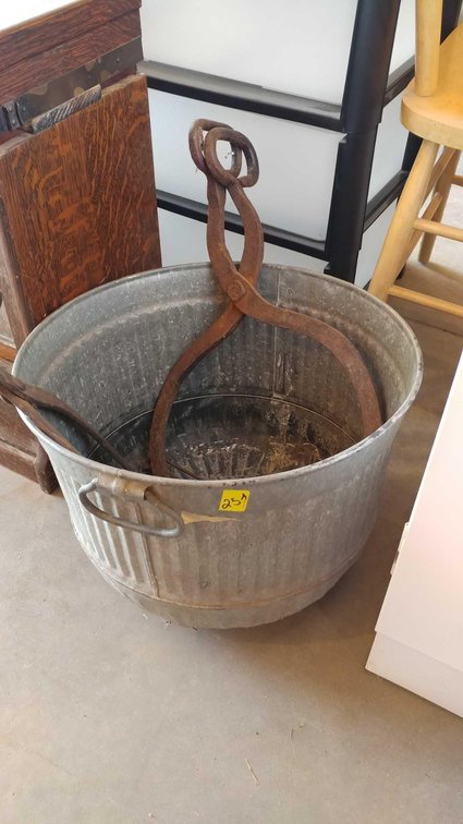 VINTAGE WASH BASIN AND (2) ICE TONGES