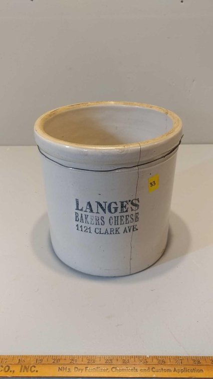 LANGE'S BAKERS CHEESE 1121 CLARK AVE 3 GALLON CROCK