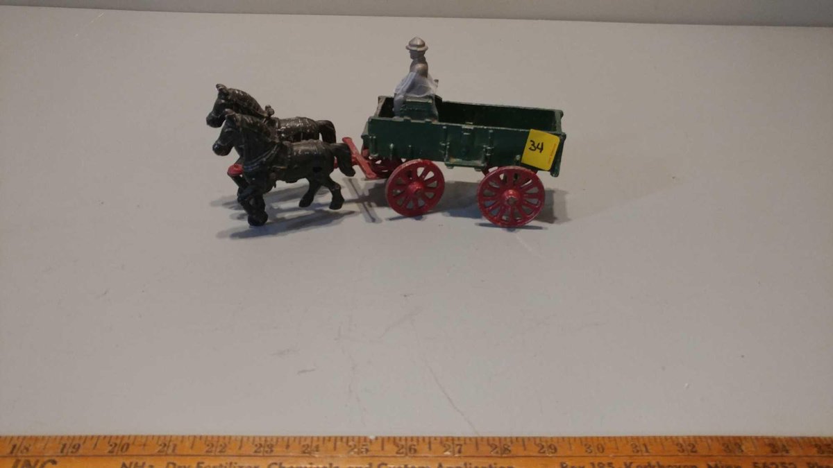 ANTIQUE METAL WAGON W/RIDER DRAW BY HORSES